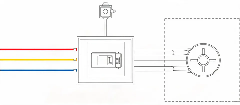 Schematic of a drive cabinet with motor cables, analog sensor and three-phase supply, not a street map