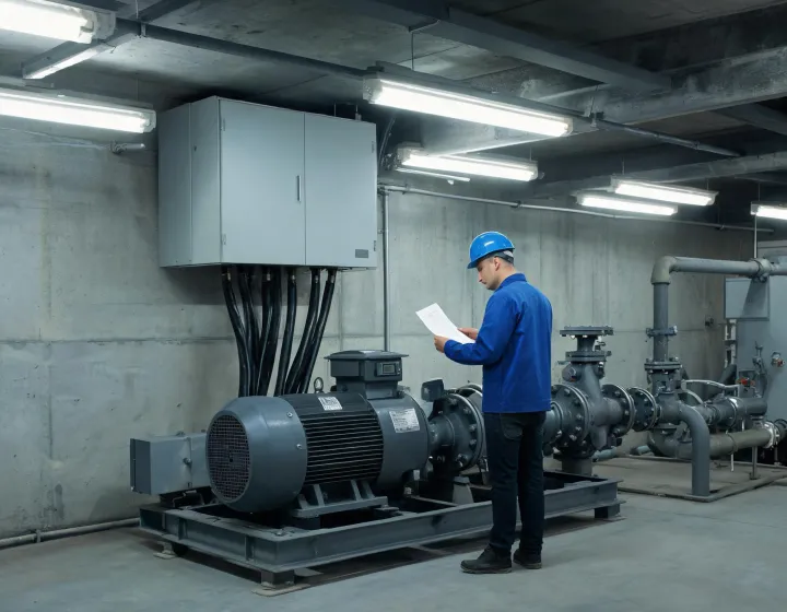 Cabinet-mounted variable frequency drive feeding a three-phase motor on a pump skid, technician checking nameplate current against a load schedule